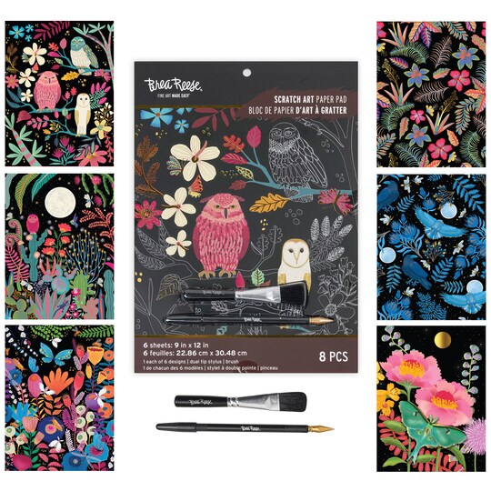 Brea Reese; Brea Reese: Scratch Art Paper Pad - Owl & Moon - 6 Designs, Metallic Guided Art, Dual-Tip Stylus & Brush, Easy-to-Frame 9x12" Pages, Adult Craft Kit; Category:Art Kits; Image:1